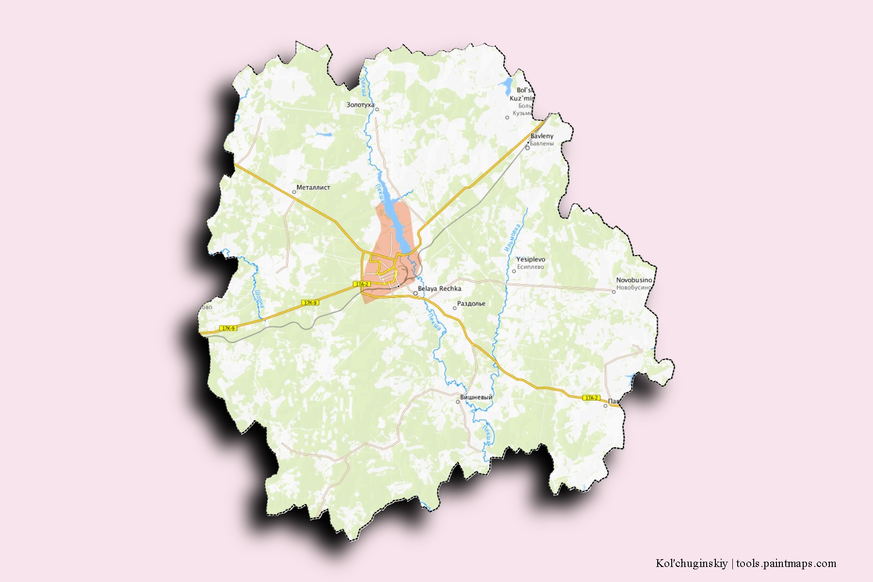 Mapa de barrios y pueblos de Kol'chuginskiy con efecto de sombra 3D