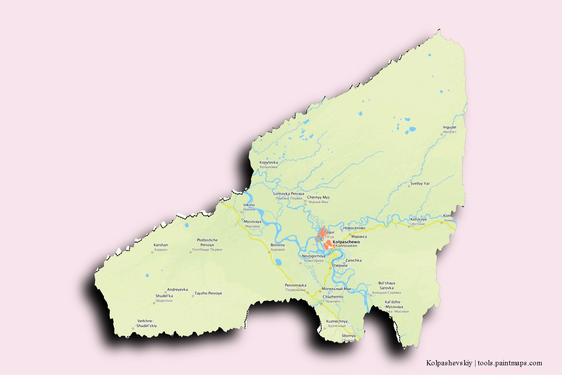 Kolpashevskiy neighborhoods and villages map with 3D shadow effect