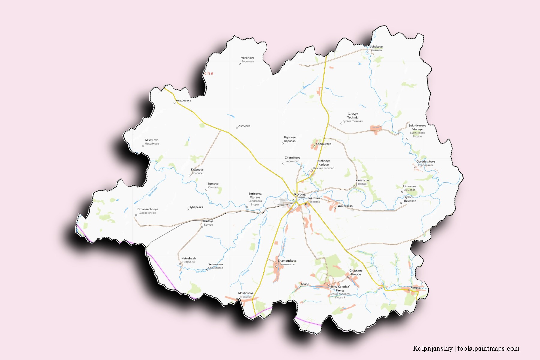 Mapa de barrios y pueblos de Kolpnjanskiy con efecto de sombra 3D