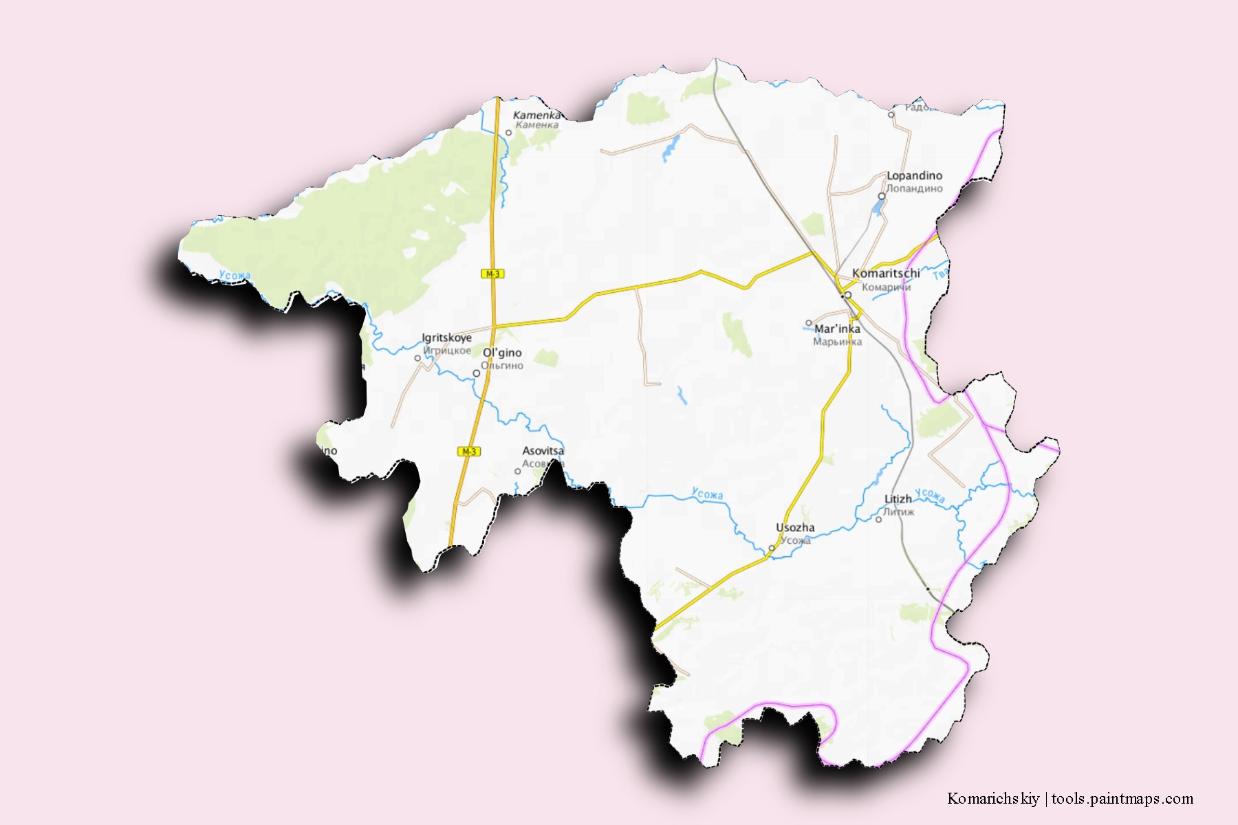 Mapa de barrios y pueblos de Komarichskiy con efecto de sombra 3D