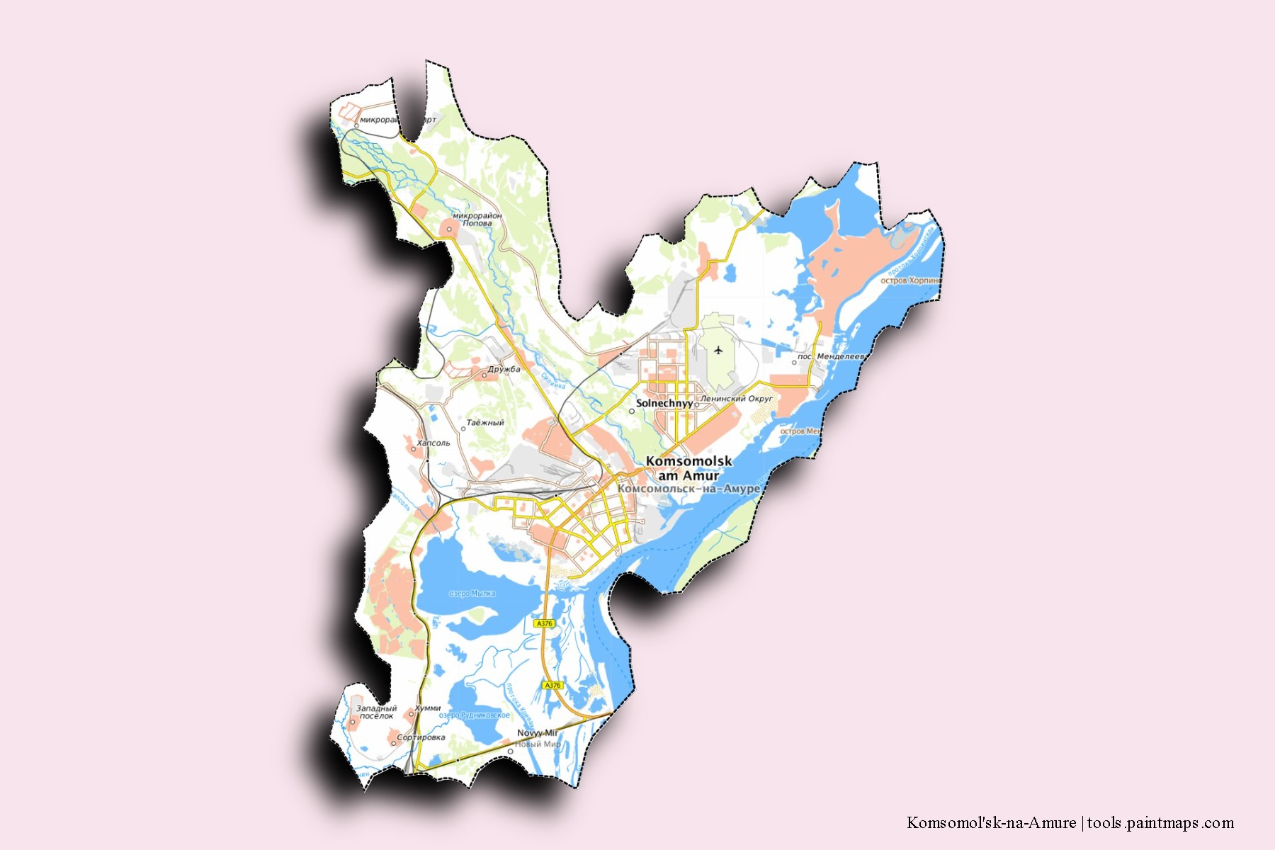 Komsomol'sk-na-Amure neighborhoods and villages map with 3D shadow effect