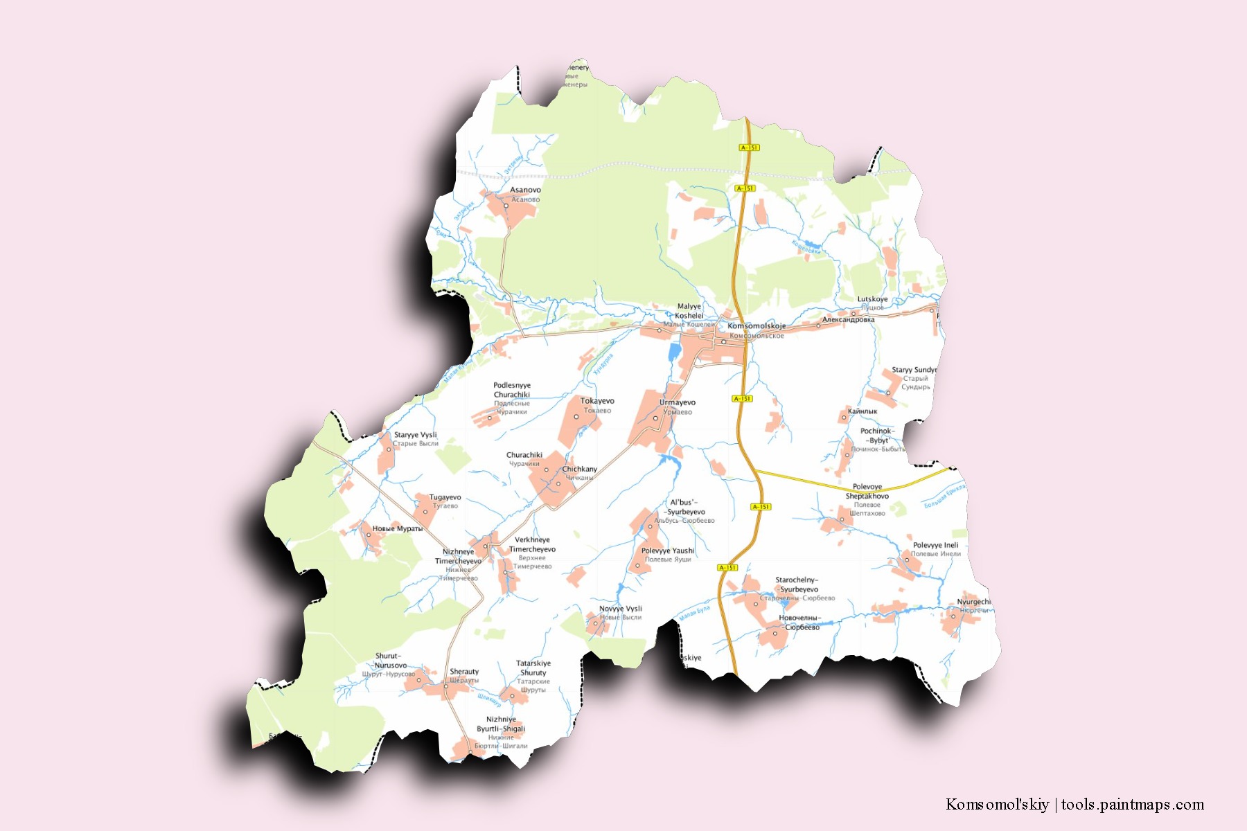 Komsomol'skiy neighborhoods and villages map with 3D shadow effect