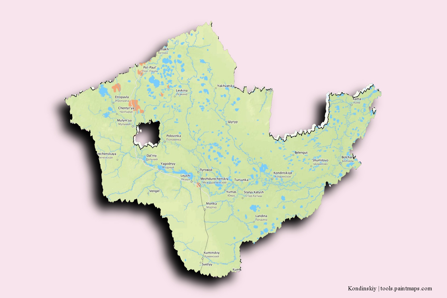 Kondinskiy neighborhoods and villages map with 3D shadow effect