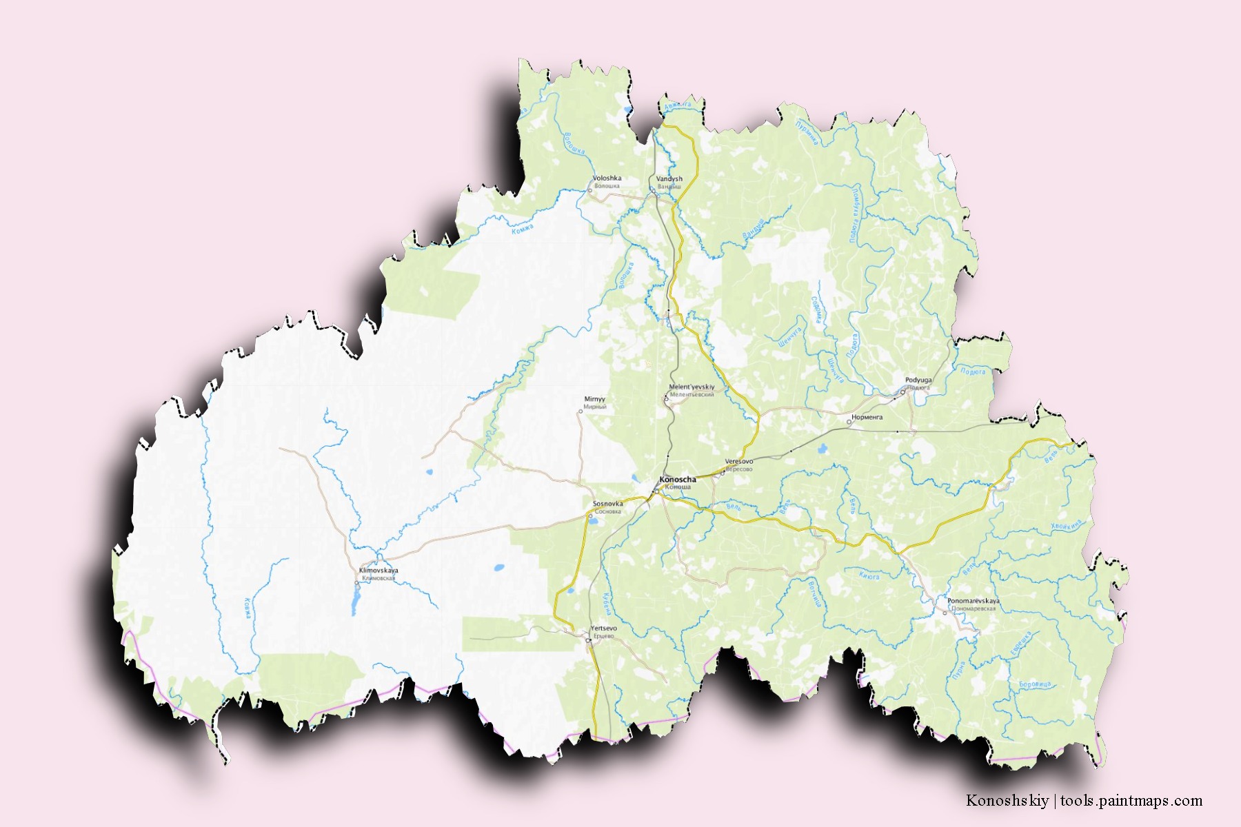 Mapa de barrios y pueblos de Konoshskiy con efecto de sombra 3D