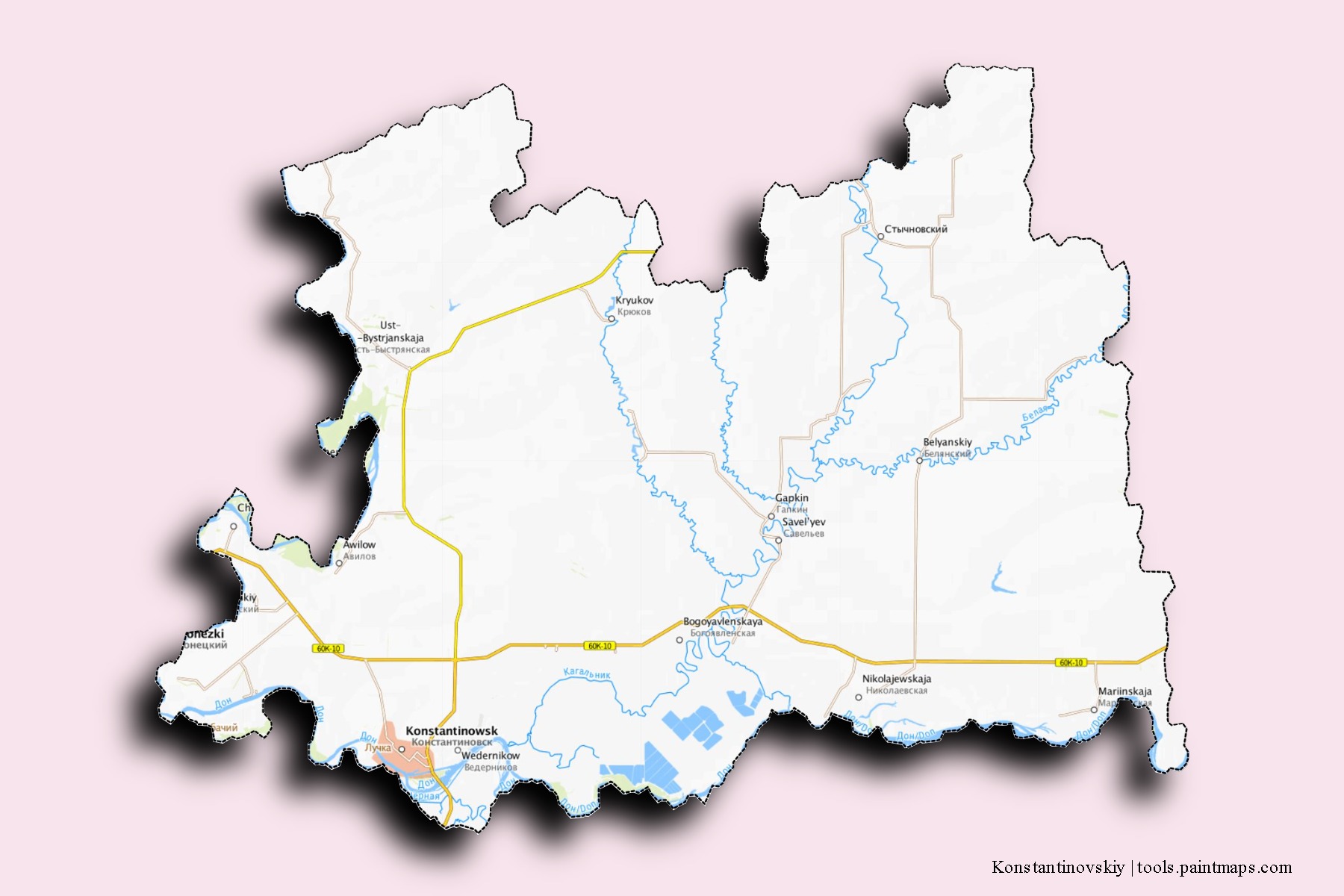 Konstantinovskiy neighborhoods and villages map with 3D shadow effect