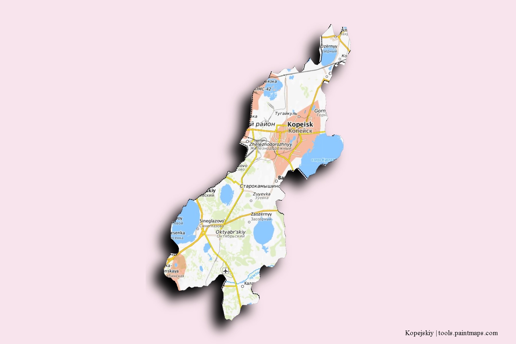 Kopejskiy neighborhoods and villages map with 3D shadow effect