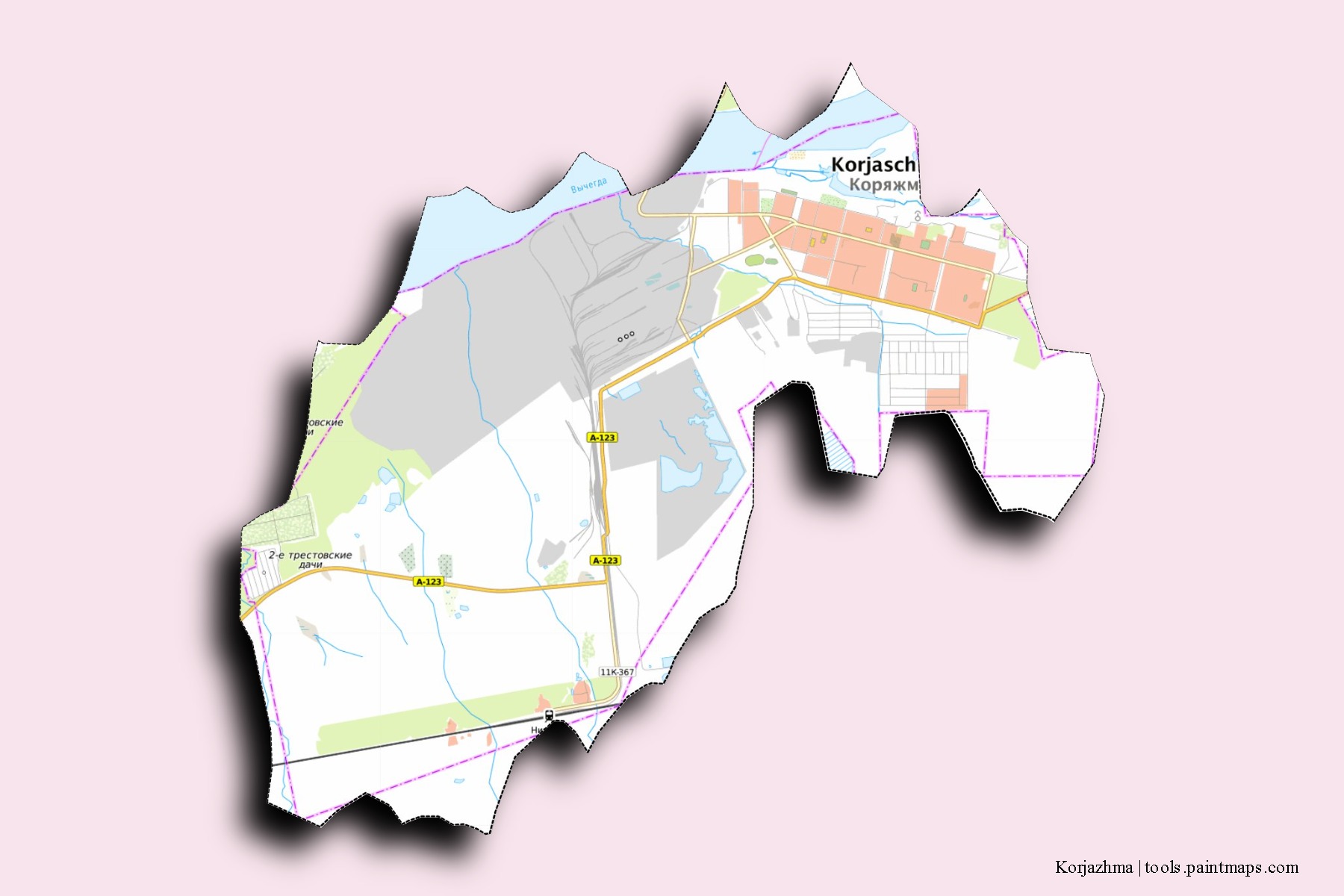 Mapa de barrios y pueblos de Korjazhma con efecto de sombra 3D