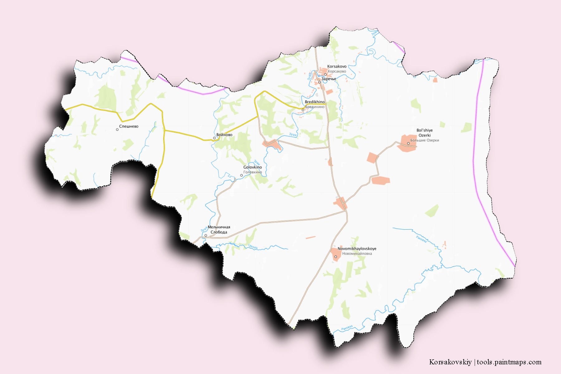 Mapa de barrios y pueblos de Korsakovskiy con efecto de sombra 3D