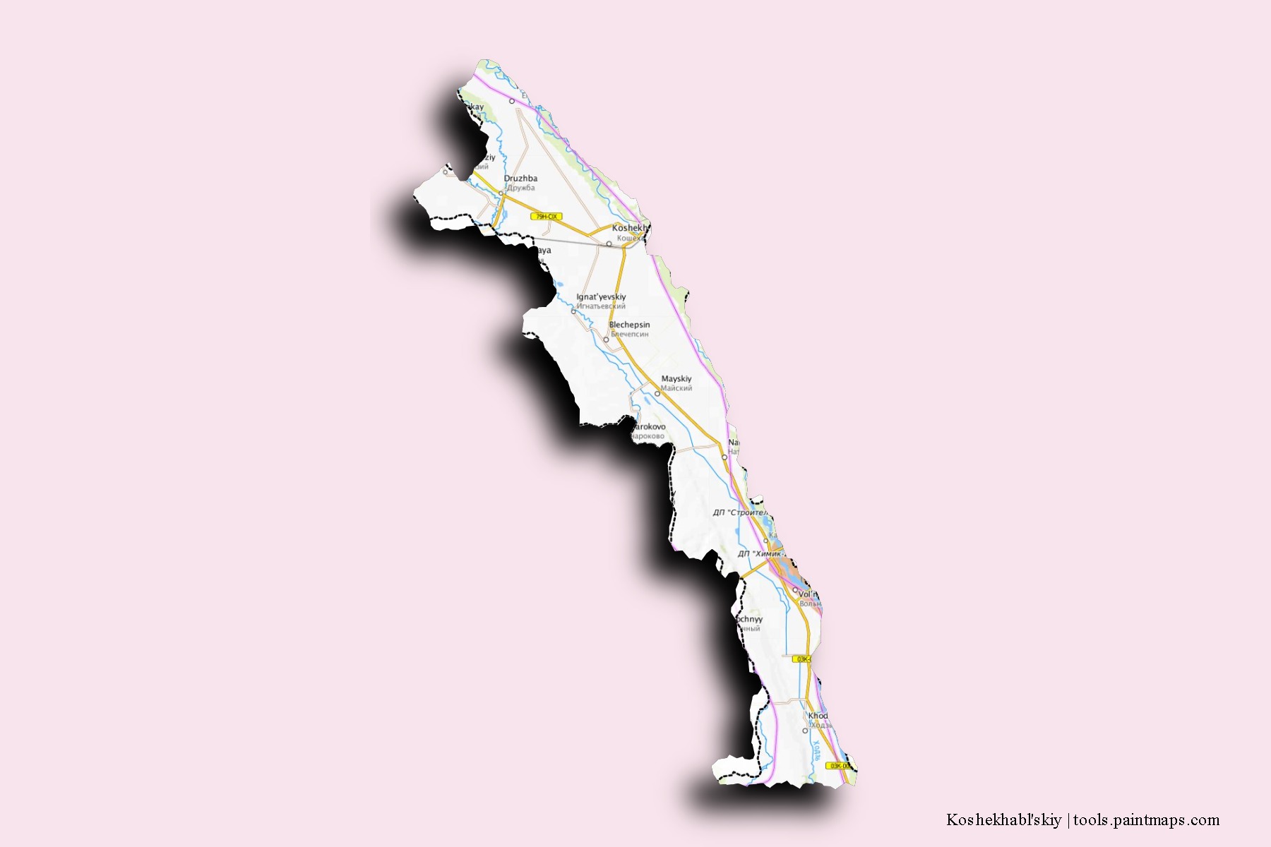 Mapa de barrios y pueblos de Koshekhabl'skiy con efecto de sombra 3D