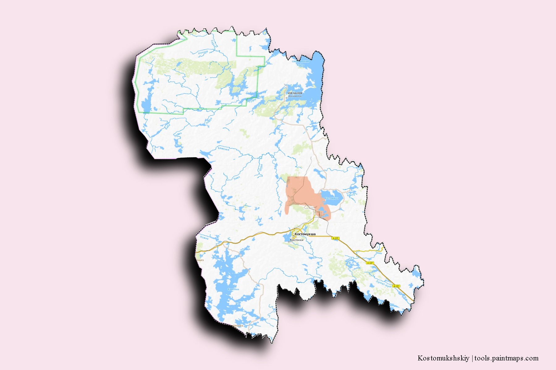 Kostomukshskiy neighborhoods and villages map with 3D shadow effect