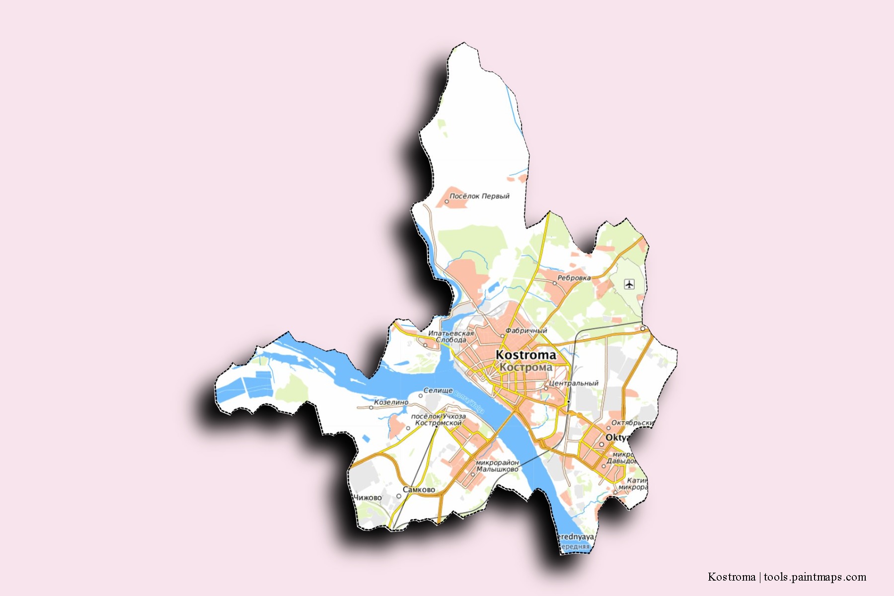 Kostroma neighborhoods and villages map with 3D shadow effect