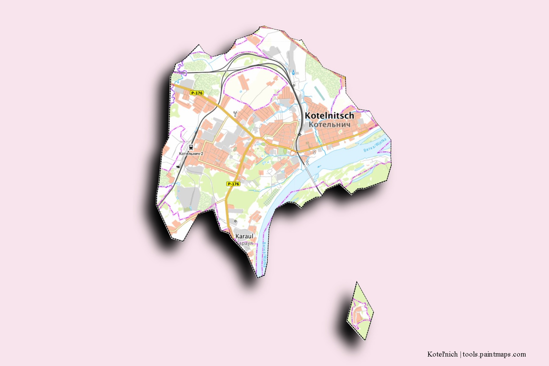 Kotel'nich neighborhoods and villages map with 3D shadow effect