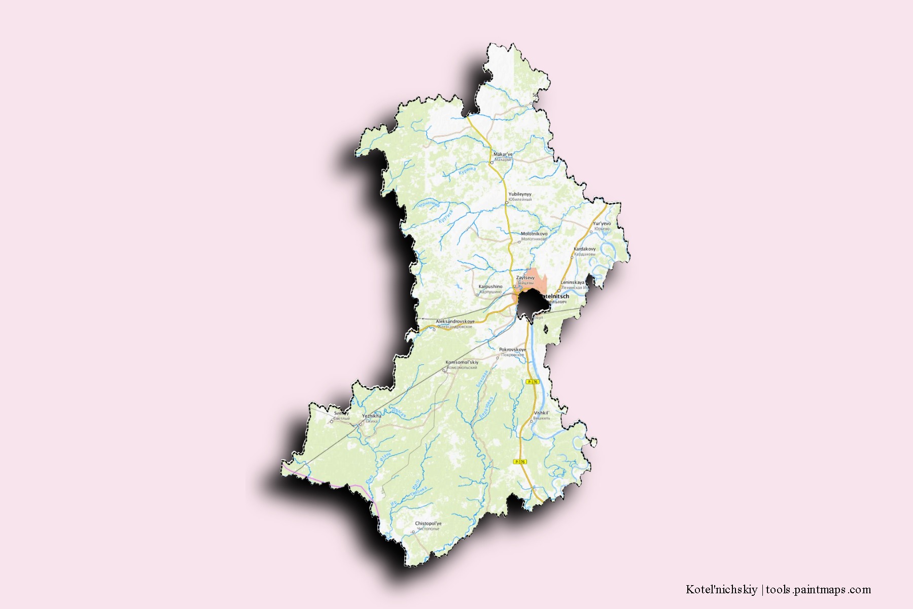 Mapa de barrios y pueblos de Kotel'nichskiy con efecto de sombra 3D