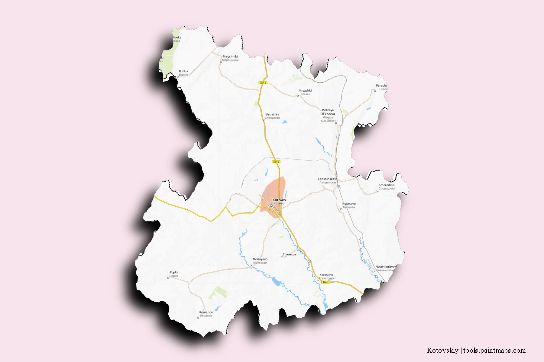 Mapa de barrios y pueblos de Kotovskiy con efecto de sombra 3D