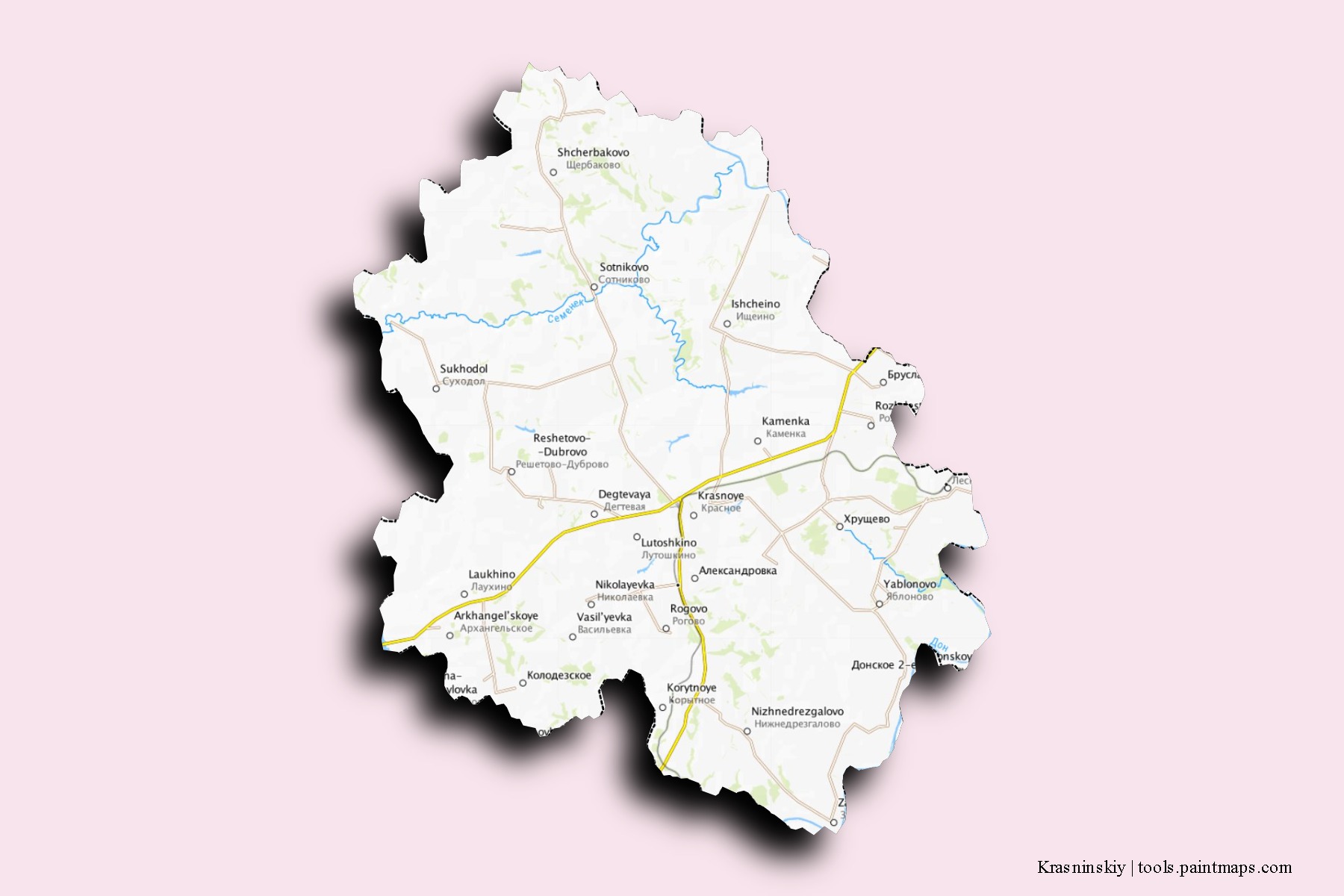 Mapa de barrios y pueblos de Krasninskiy con efecto de sombra 3D