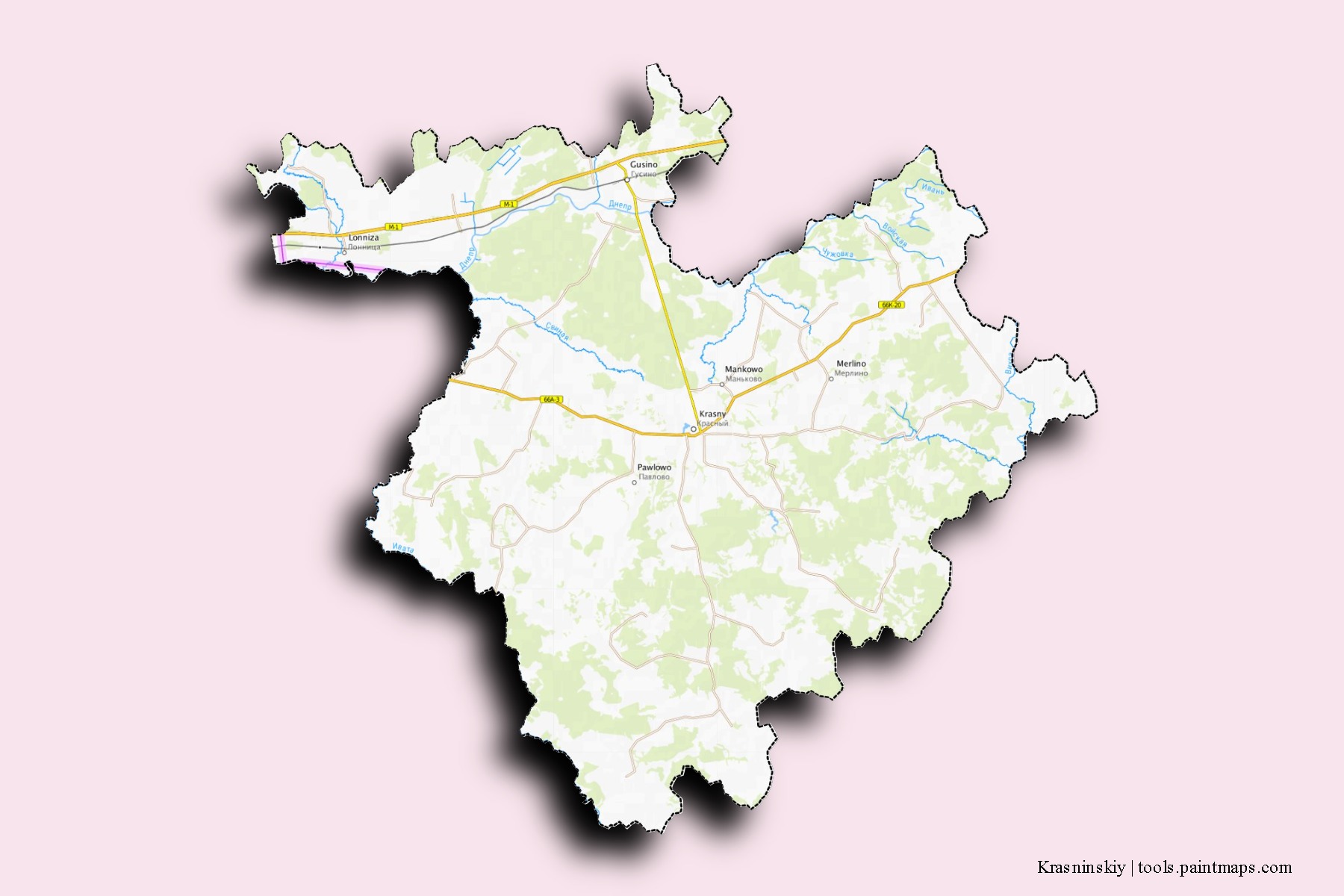 Mapa de barrios y pueblos de Krasninskiy con efecto de sombra 3D