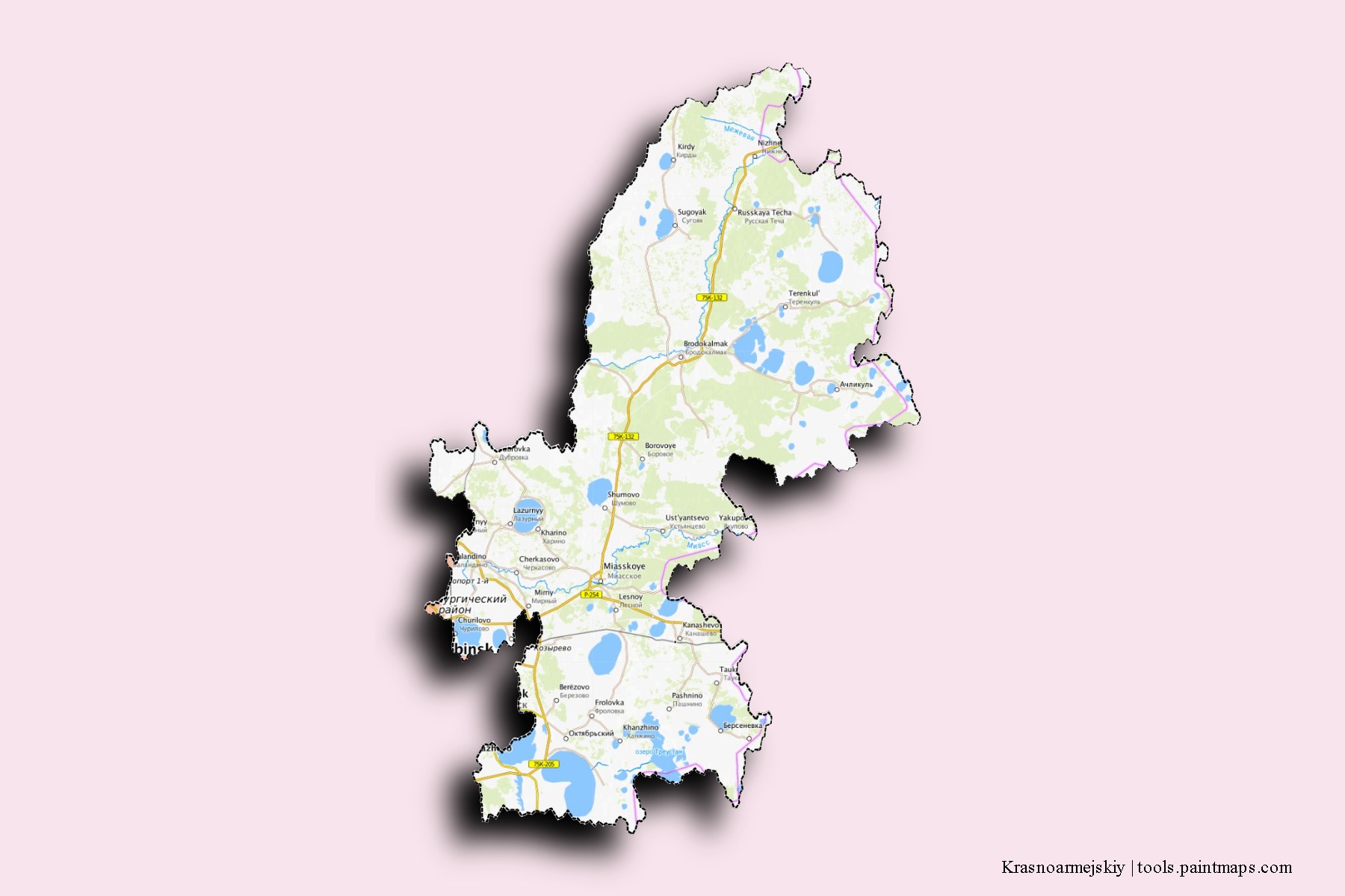 Krasnoarmejskiy neighborhoods and villages map with 3D shadow effect