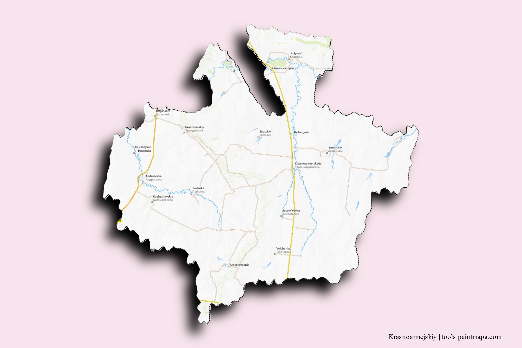 Mapa de barrios y pueblos de Krasnoarmejskiy con efecto de sombra 3D