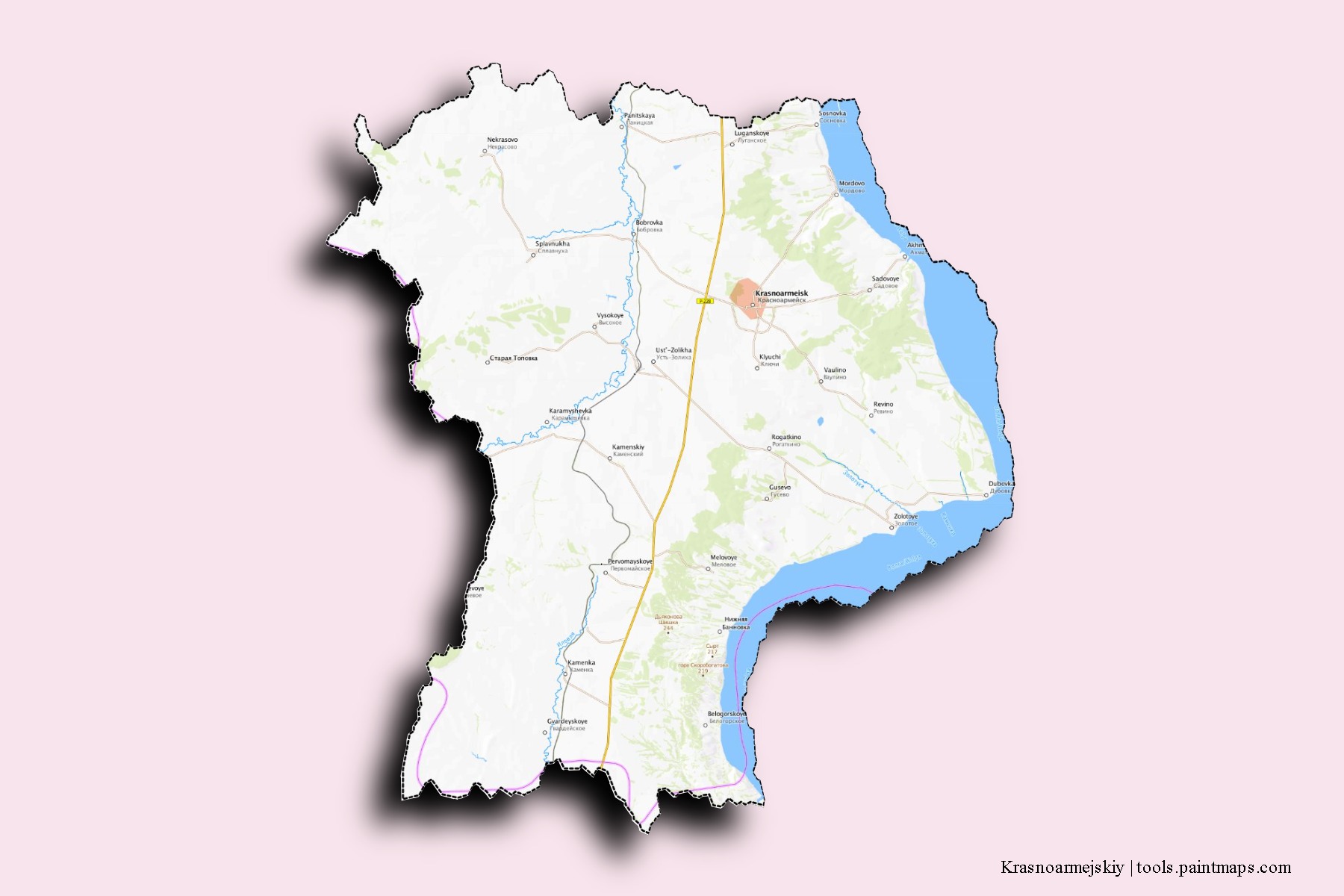 Mapa de barrios y pueblos de Krasnoarmejskiy con efecto de sombra 3D