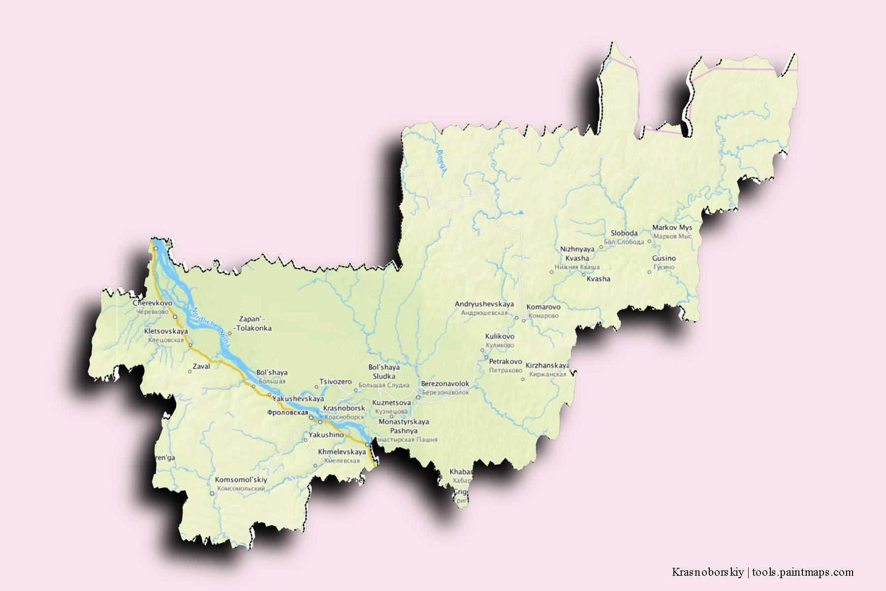 Krasnoborskiy neighborhoods and villages map with 3D shadow effect