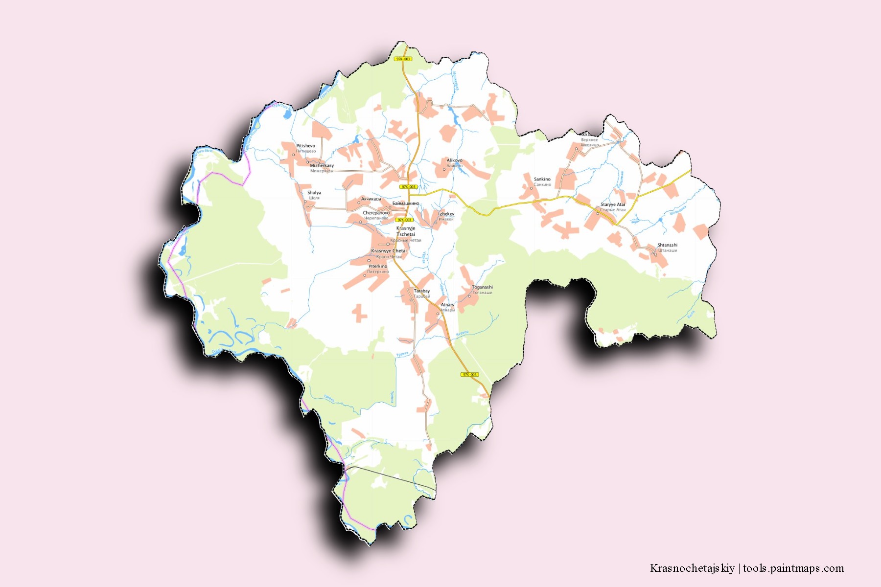 Krasnochetajskiy neighborhoods and villages map with 3D shadow effect