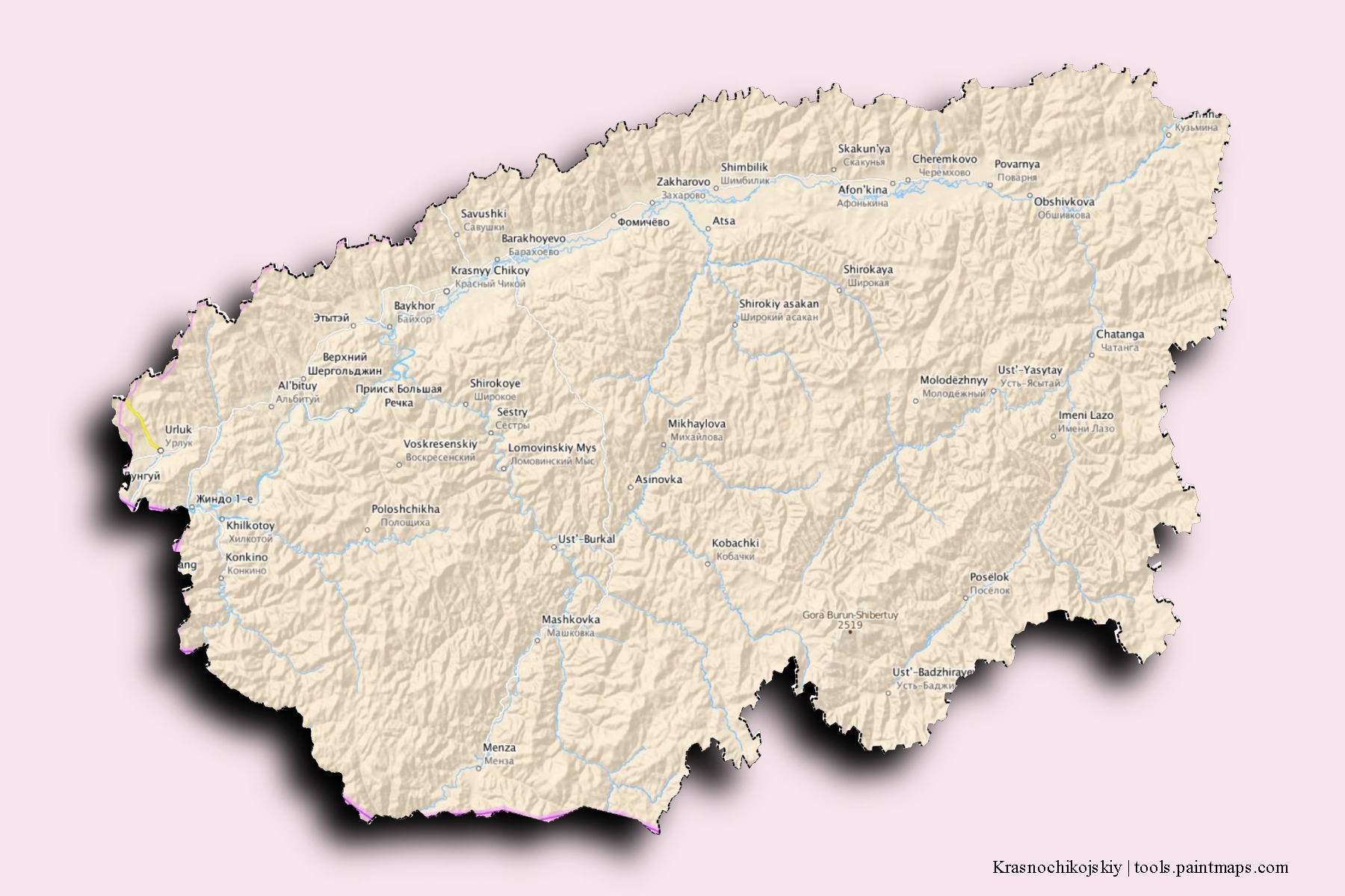 Mapa de barrios y pueblos de Krasnochikojskiy con efecto de sombra 3D