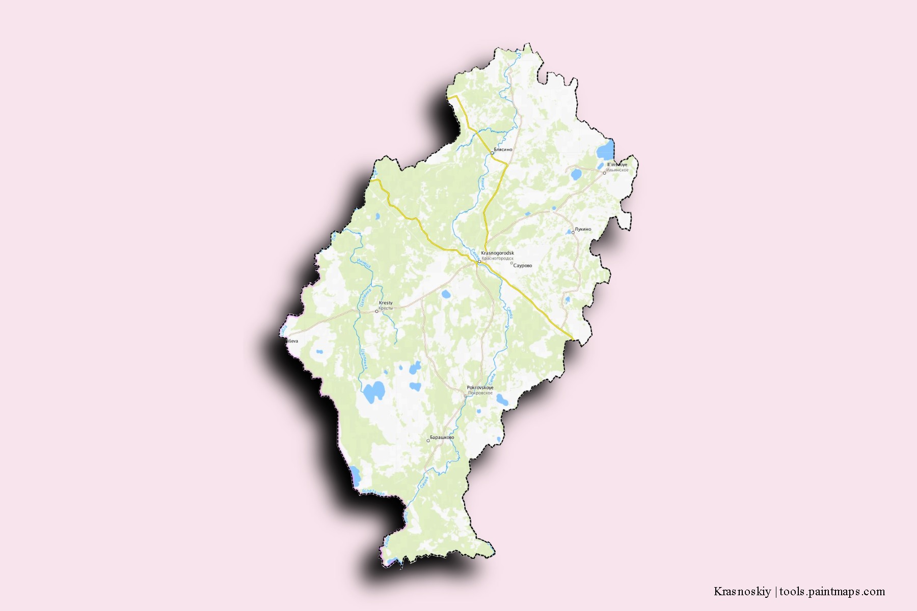 Mapa de barrios y pueblos de Krasnoskiy con efecto de sombra 3D