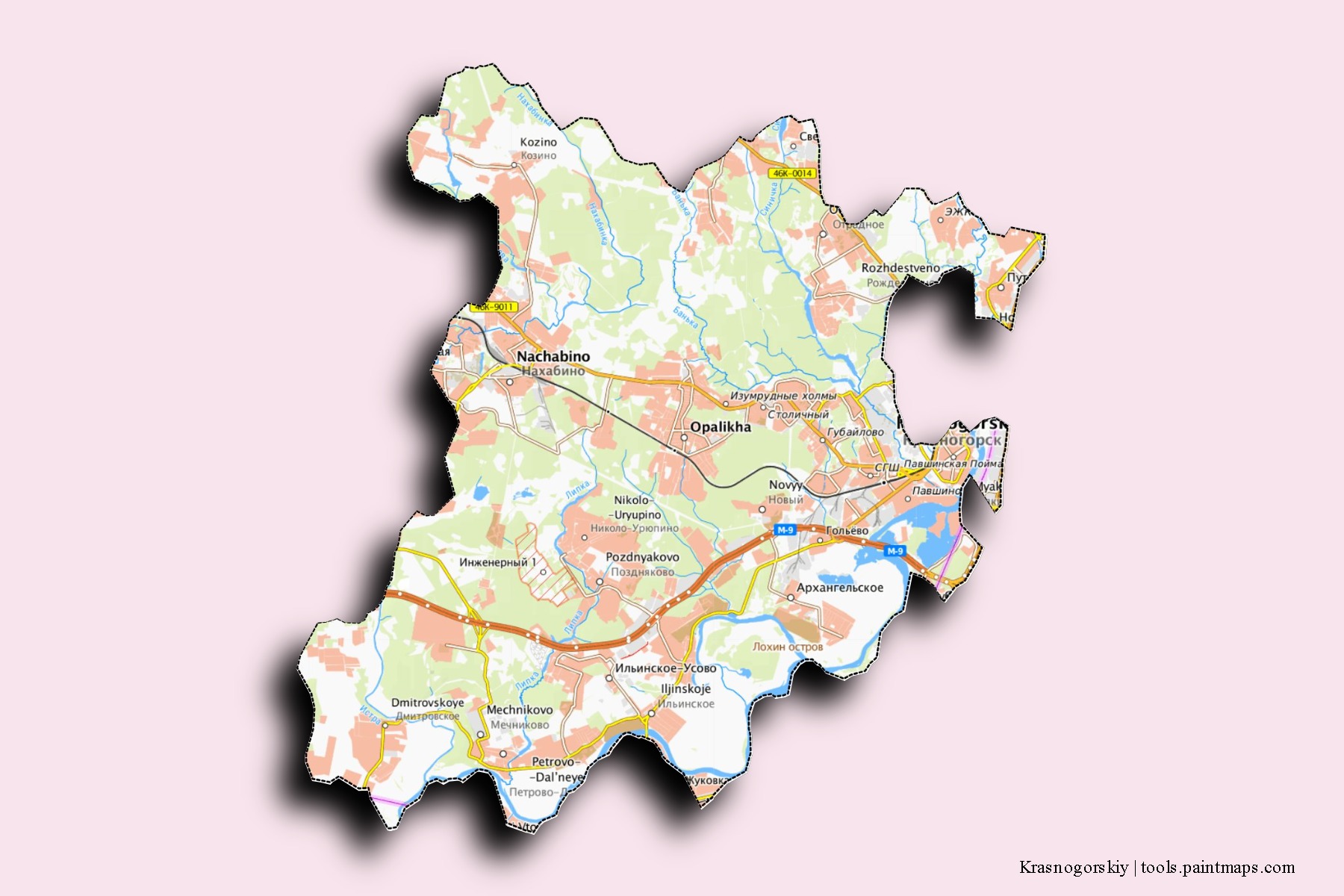 Krasnogorskiy neighborhoods and villages map with 3D shadow effect