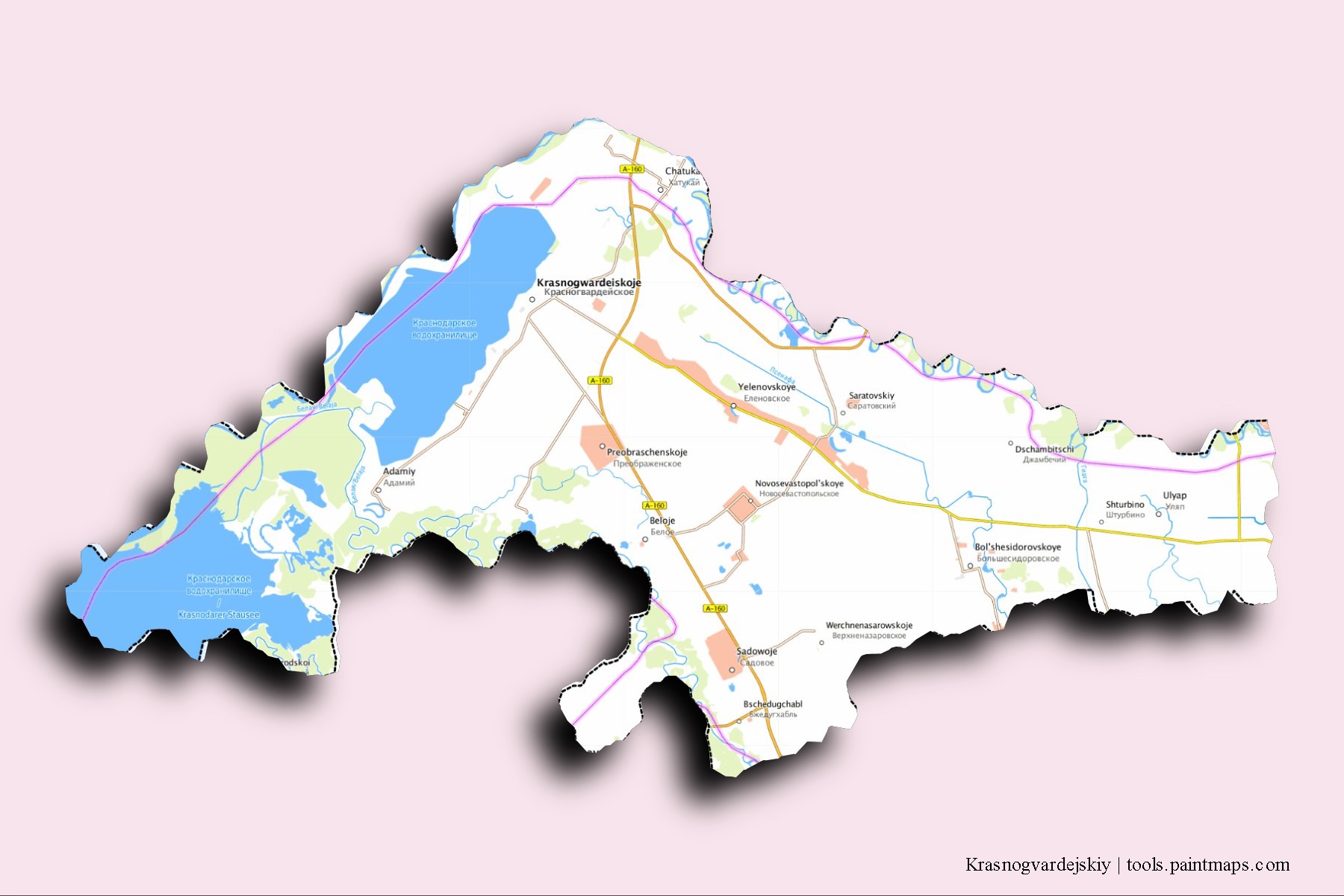 Mapa de barrios y pueblos de Krasnogvardejskiy con efecto de sombra 3D