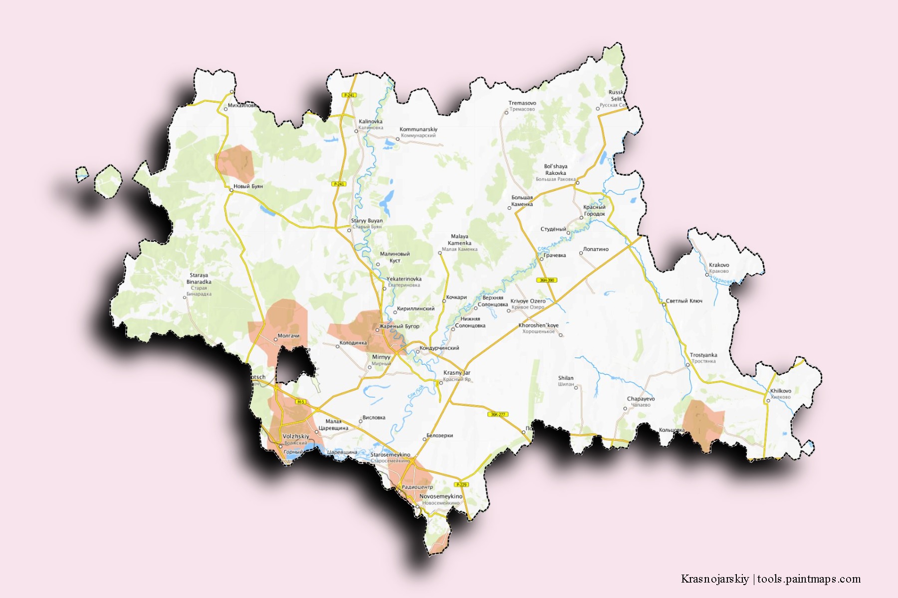 3D gölge efektli Krasnojarskiy mahalleleri ve köyleri haritası