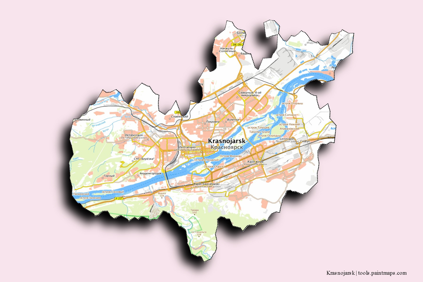 Krasnojarsk neighborhoods and villages map with 3D shadow effect