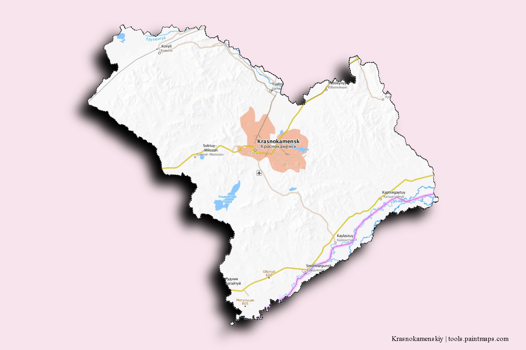 Krasnokamenskiy neighborhoods and villages map with 3D shadow effect