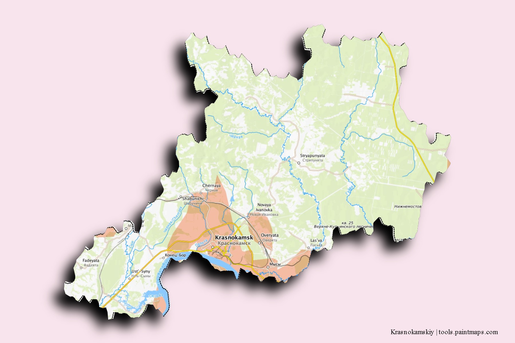 Mapa de barrios y pueblos de Krasnokamskiy con efecto de sombra 3D