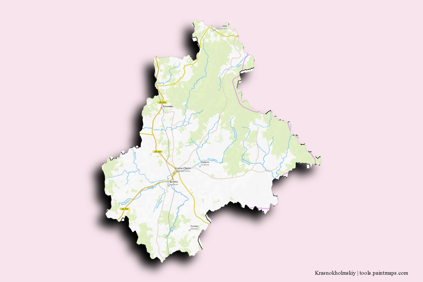 Krasnokholmskiy neighborhoods and villages map with 3D shadow effect