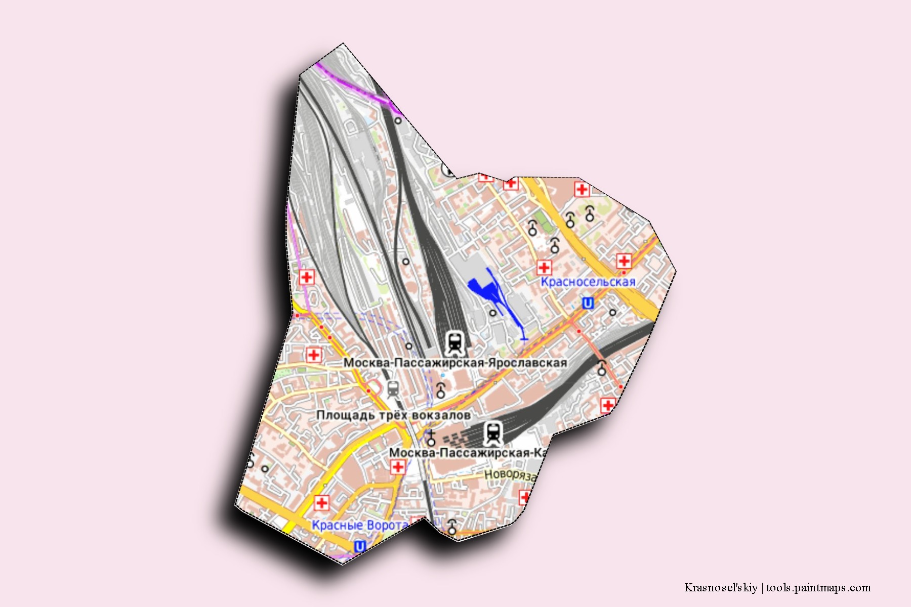 Mapa de barrios y pueblos de Krasnosel'skiy con efecto de sombra 3D