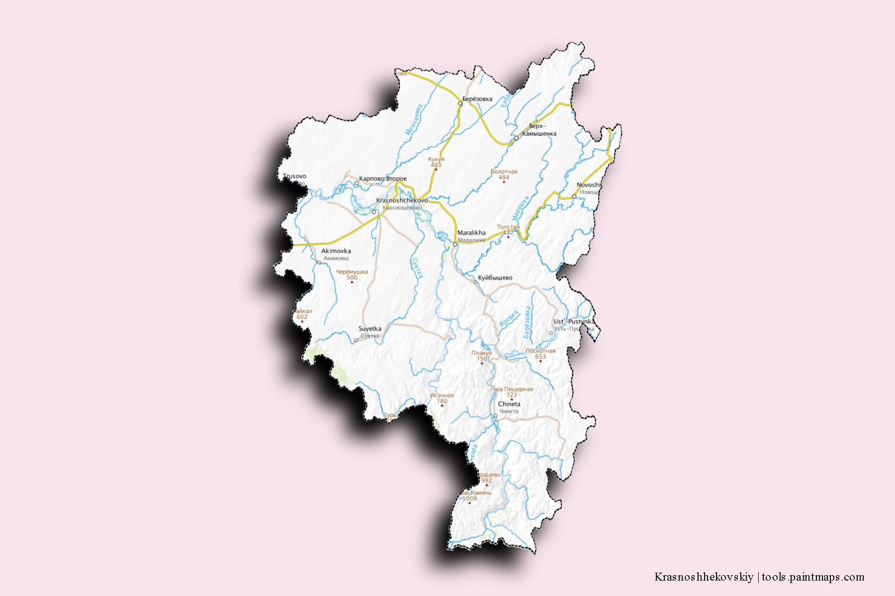 Mapa de barrios y pueblos de Krasnoshhekovskiy con efecto de sombra 3D