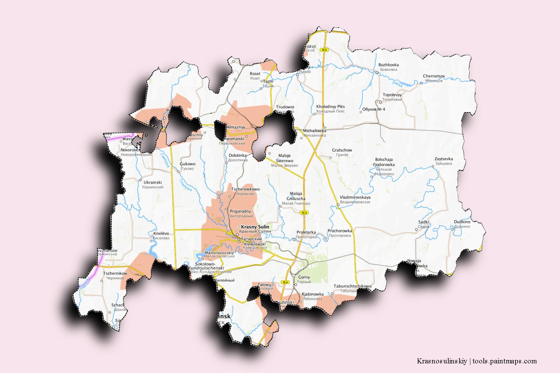 Mapa de barrios y pueblos de Krasnosulinskiy con efecto de sombra 3D