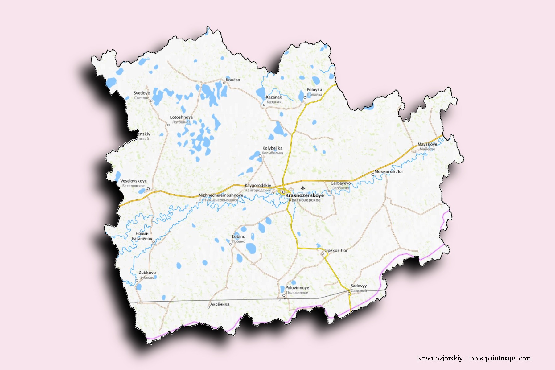 Mapa de barrios y pueblos de Krasnozjorskiy con efecto de sombra 3D