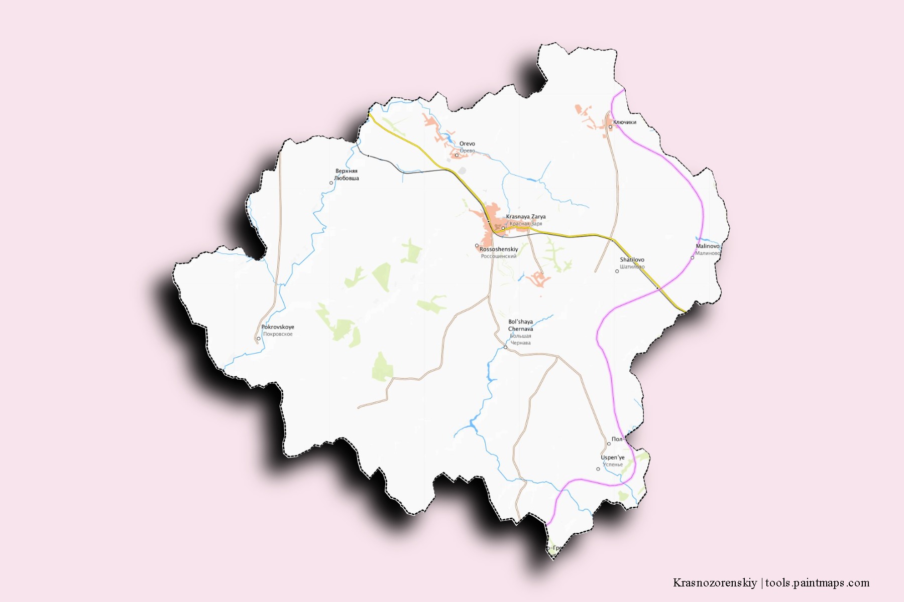 Mapa de barrios y pueblos de Krasnozorenskiy con efecto de sombra 3D