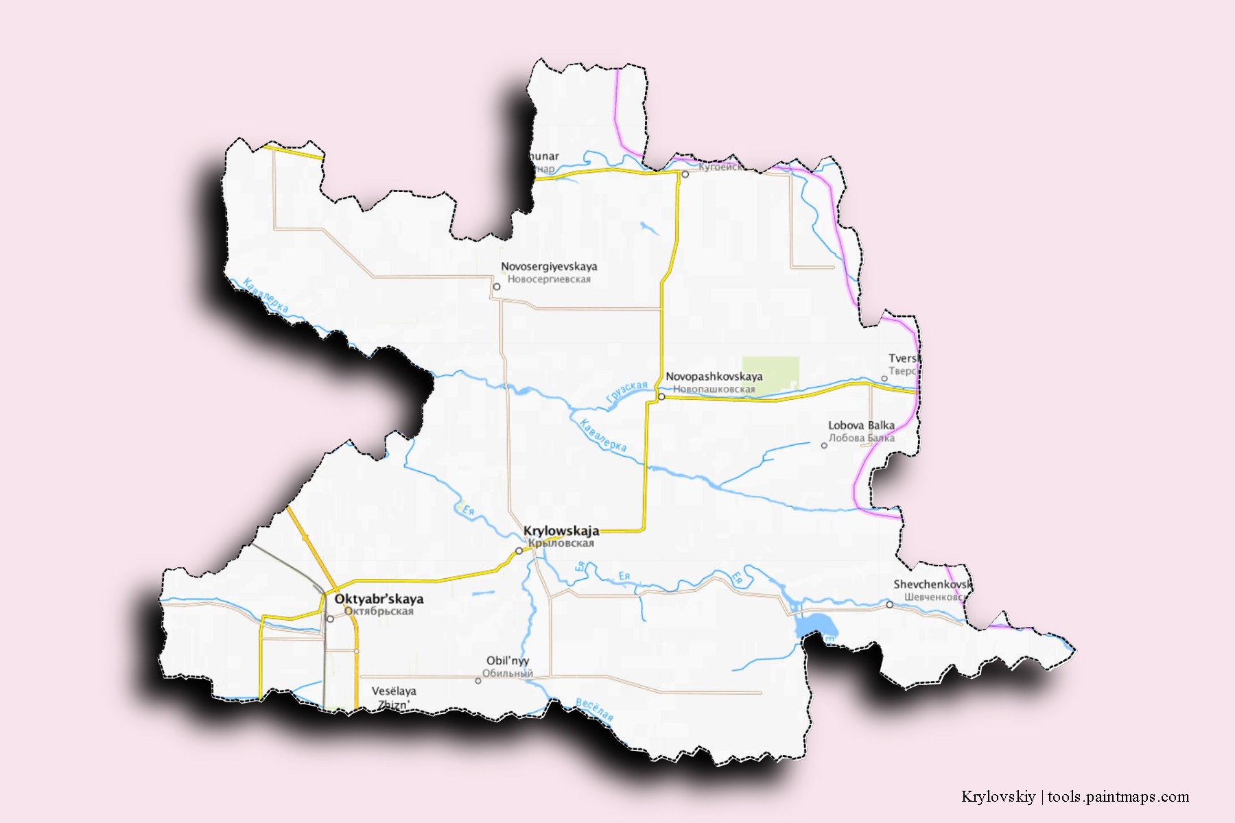 Mapa de barrios y pueblos de Krylovskiy con efecto de sombra 3D