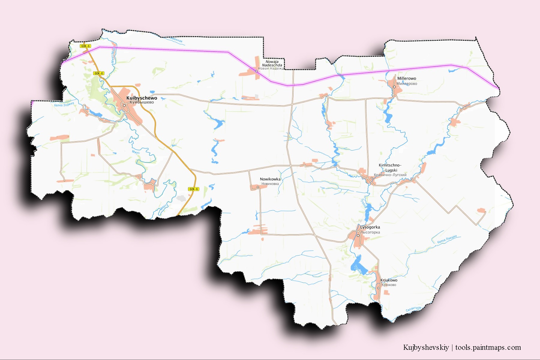 Kujbyshevskiy neighborhoods and villages map with 3D shadow effect