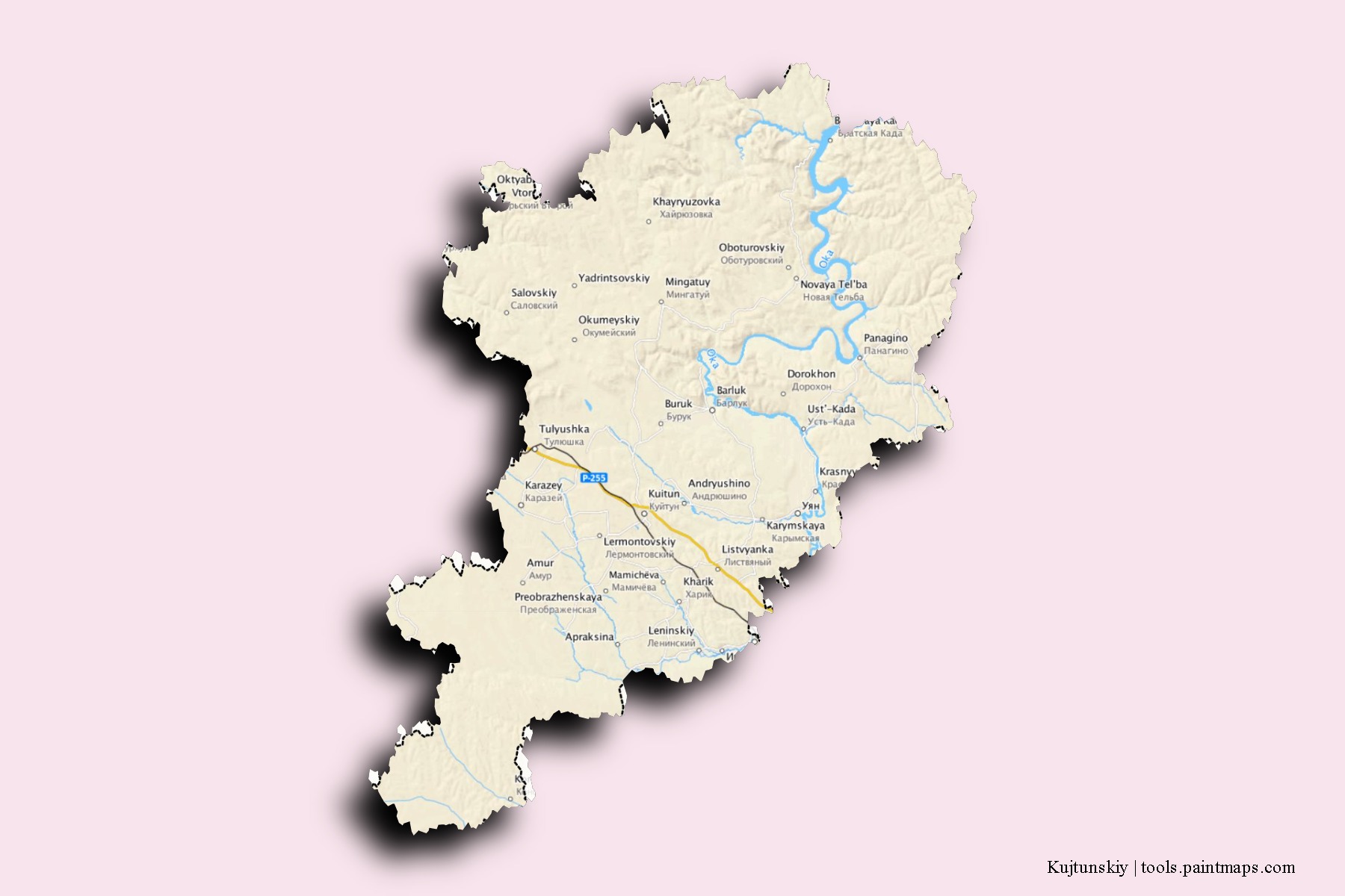 Mapa de barrios y pueblos de Kujtunskiy con efecto de sombra 3D