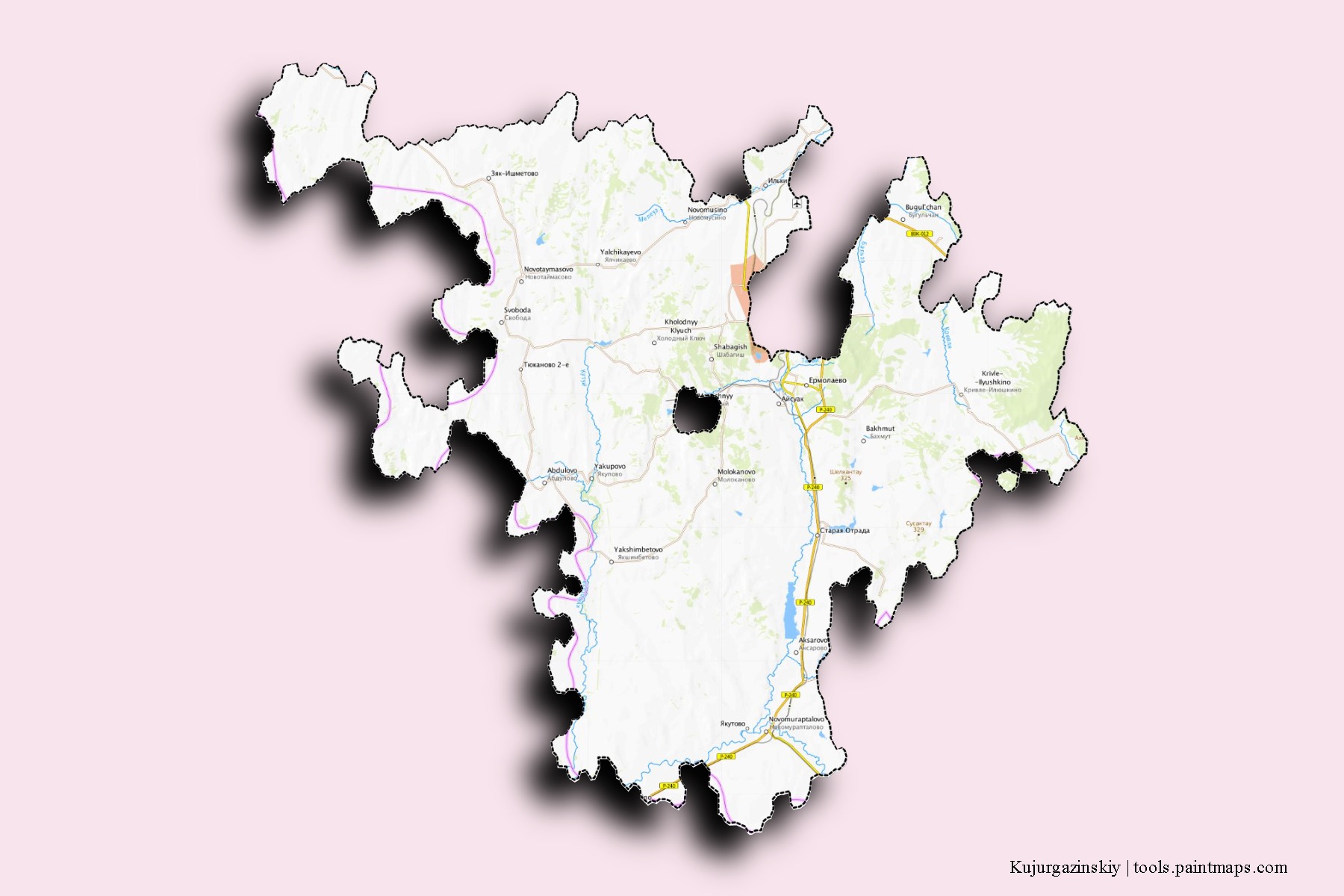 Mapa de barrios y pueblos de Kujurgazinskiy con efecto de sombra 3D