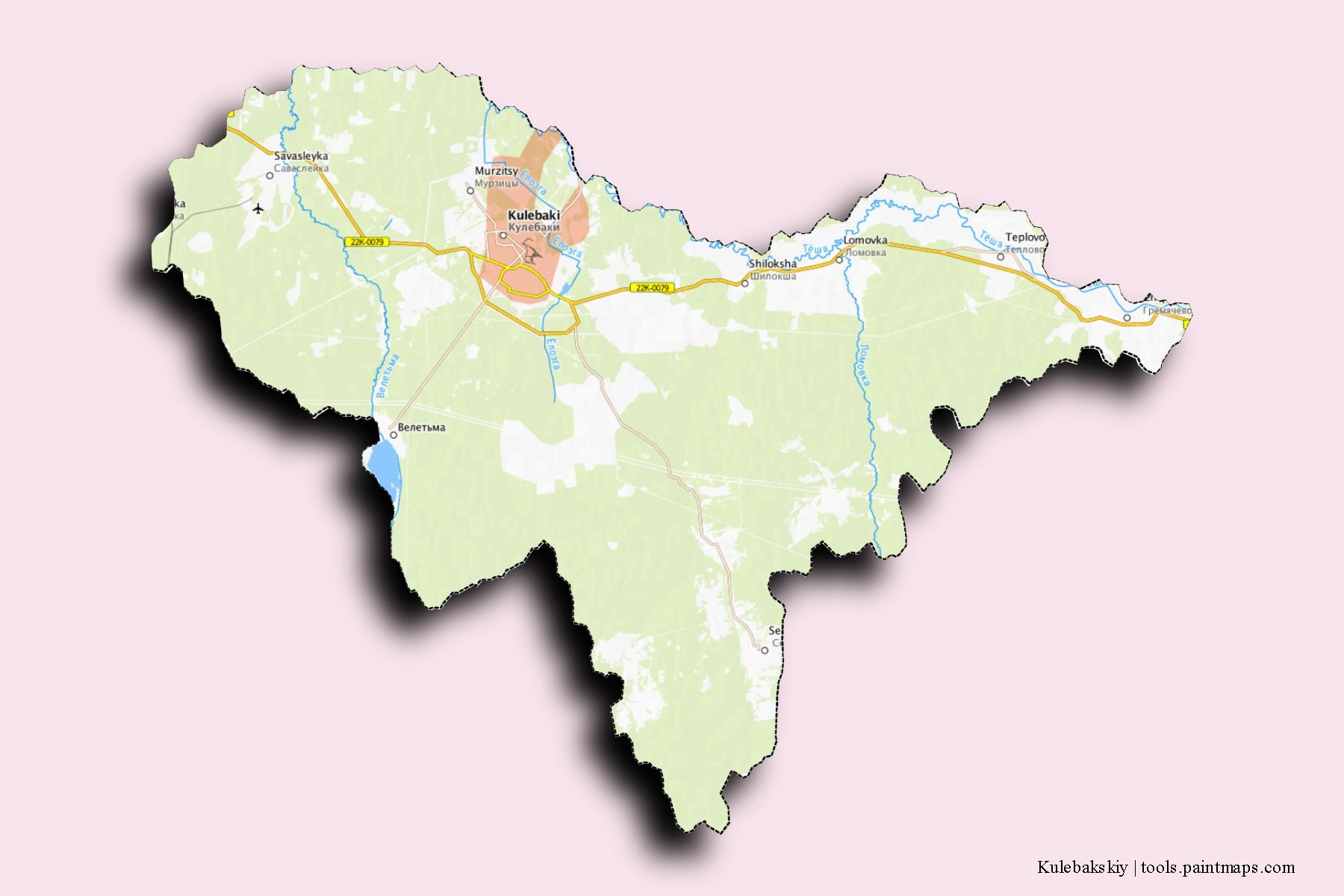 Kulebakskiy neighborhoods and villages map with 3D shadow effect