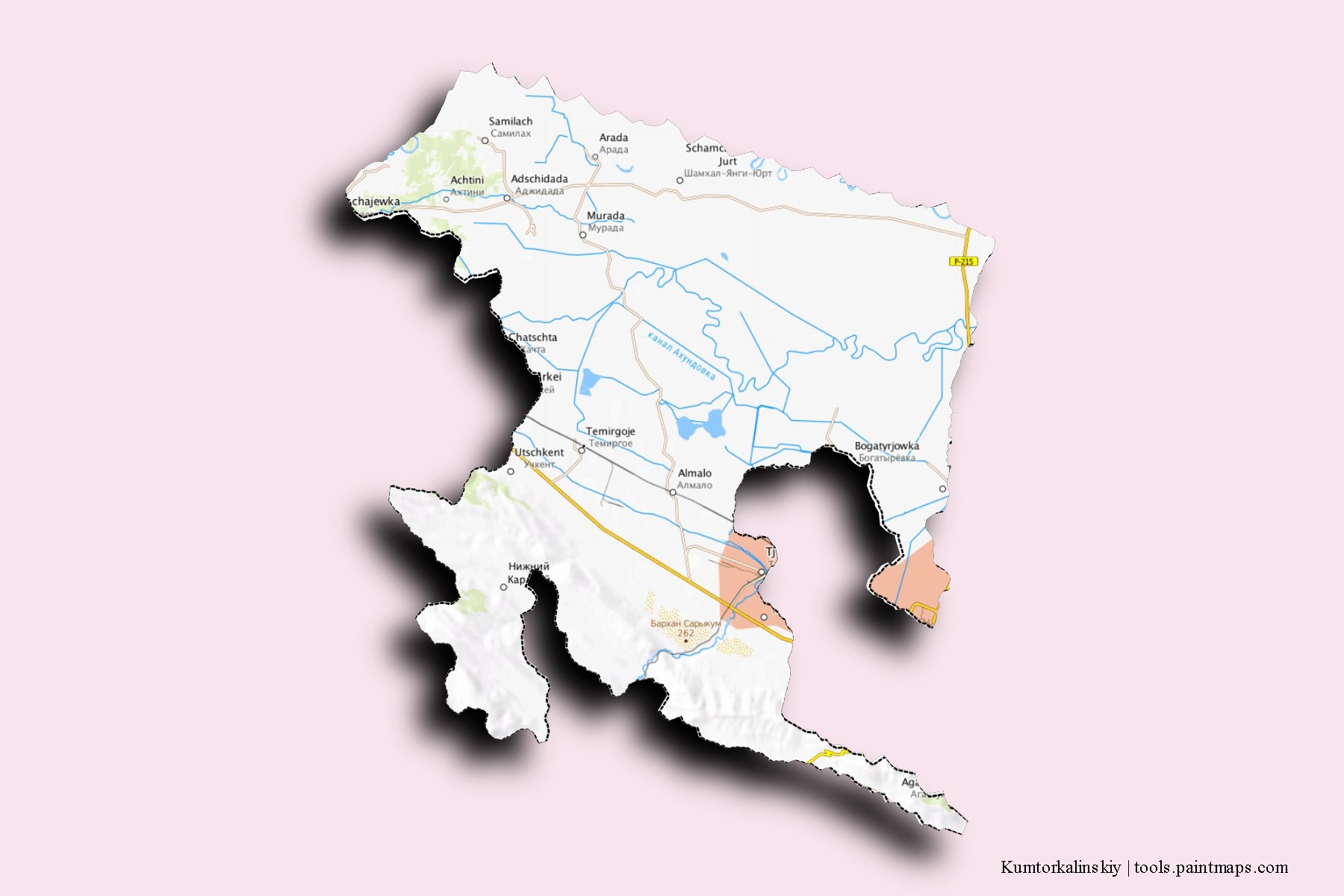 Kumtorkalinskiy neighborhoods and villages map with 3D shadow effect