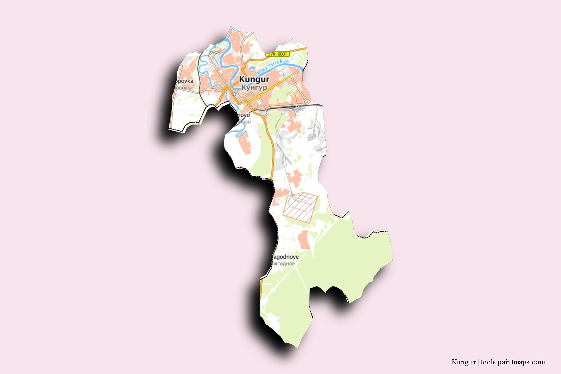 Mapa de barrios y pueblos de Kungur con efecto de sombra 3D