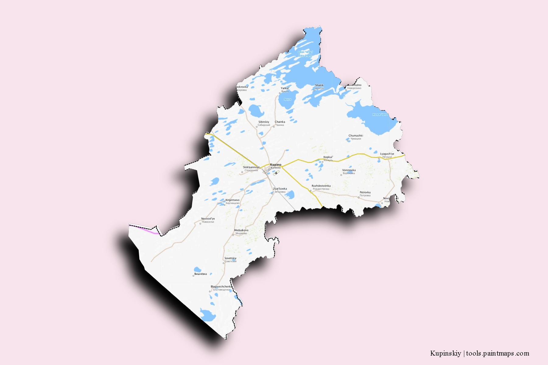 3D gölge efektli Kupinskiy mahalleleri ve köyleri haritası