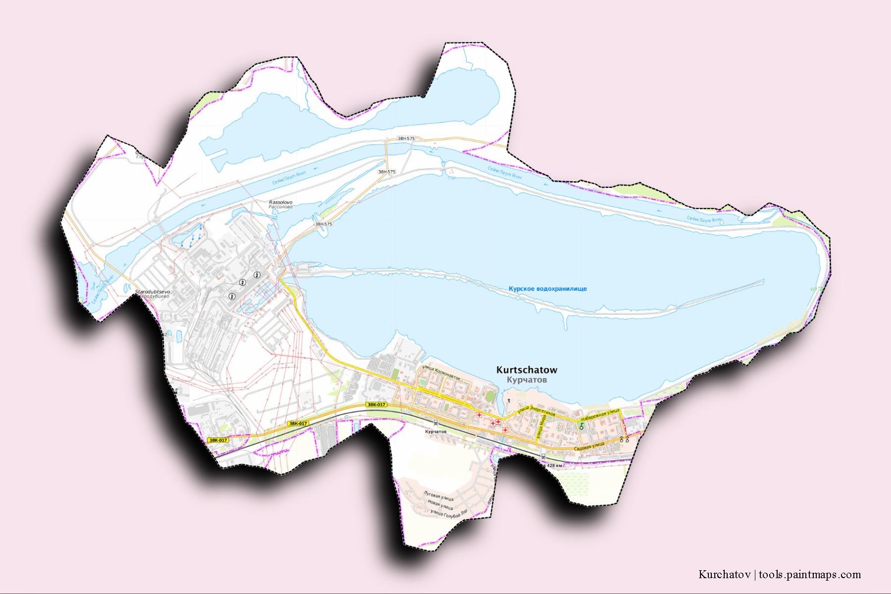 Mapa de barrios y pueblos de Kurchatov con efecto de sombra 3D