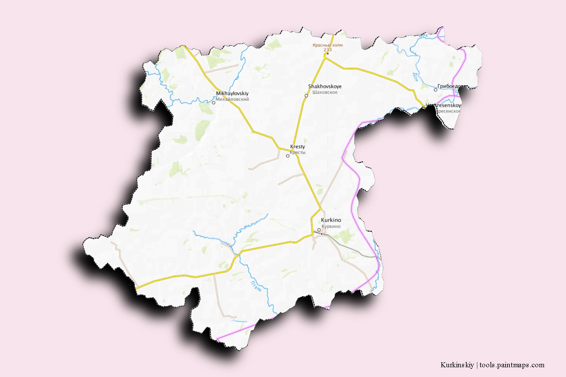 Mapa de barrios y pueblos de Kurkinskiy con efecto de sombra 3D