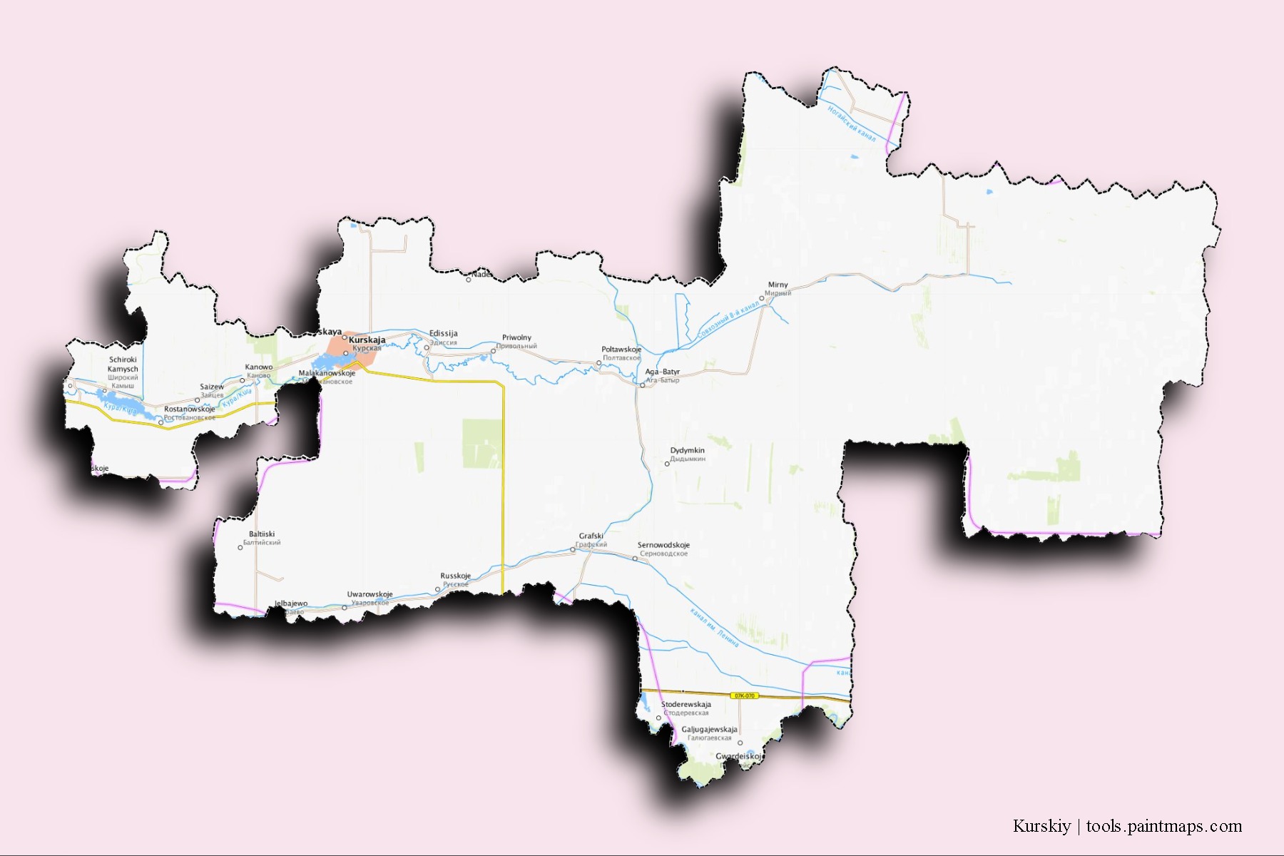 Mapa de barrios y pueblos de Kurskiy con efecto de sombra 3D